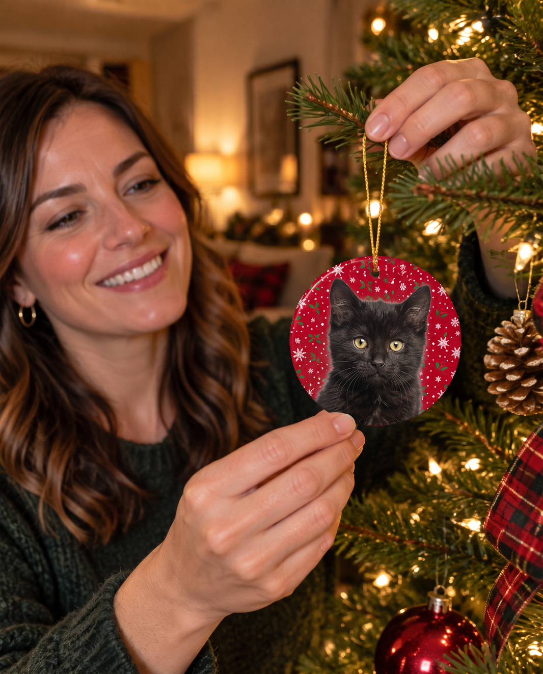 Black kitten on a personalized pet Christmas ornament