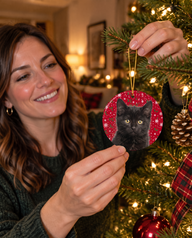 Black kitten on a personalized pet Christmas ornament