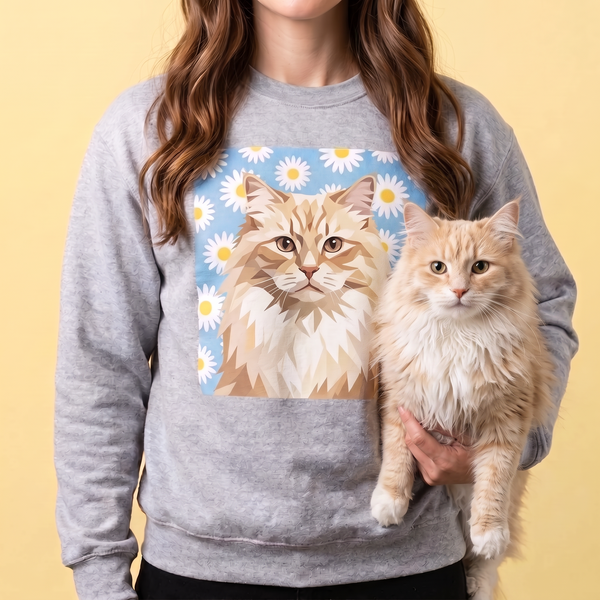 Long-haired cream cat on a personalized pet photo crewneck sweatshirt