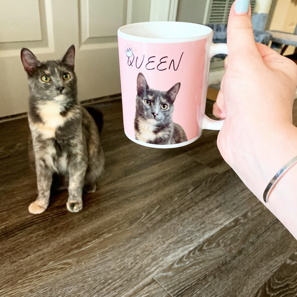 Grey tortoiseshell cat on a personalized pet coffee mug