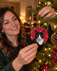 Tuxedo cat on a personalized pet Christmas ornament