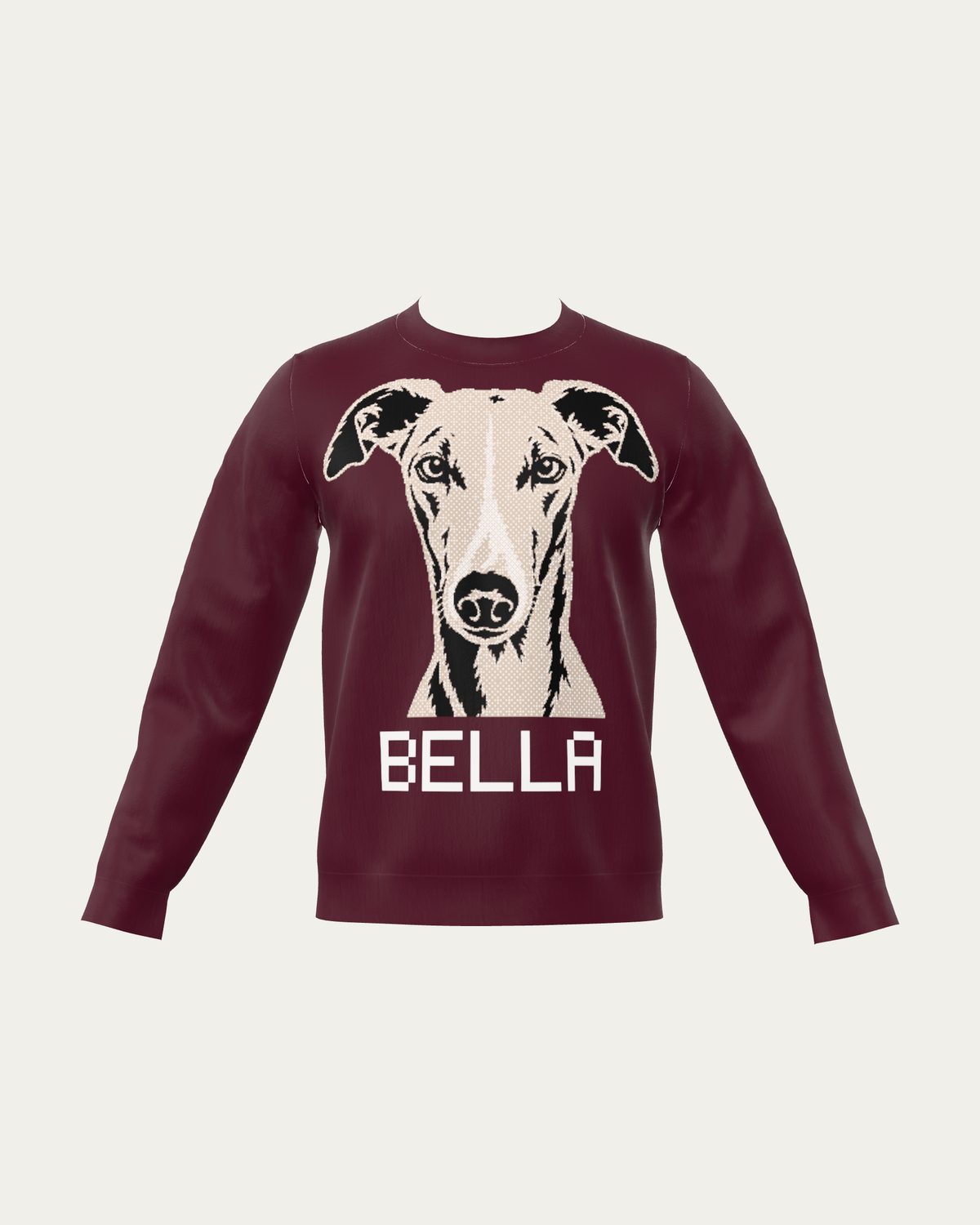 Custom Pet Sweater, knitted from your pet's photo, burgundy with pet portrait and name | Alpha Paw