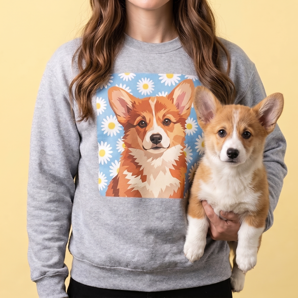 Corgi puppy on a personalized pet photo crewneck sweatshirt