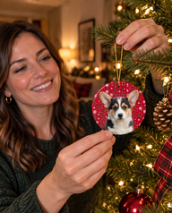 Tri-colour corgi puppy on a personalized pet Christmas ornament