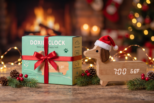Doxie Clock wearing a Santa hat beside mint gift packaging and Christmas lights