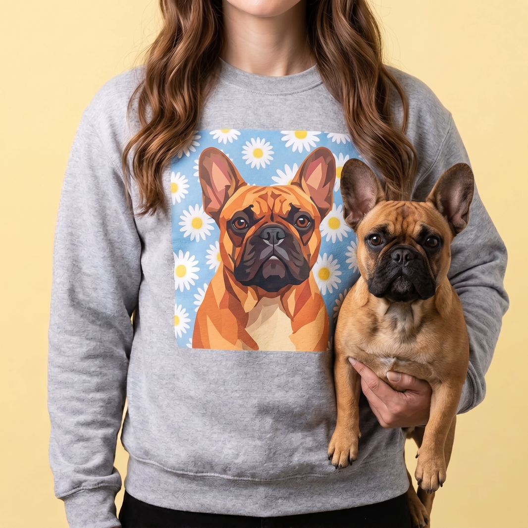 Red fawn French bulldog on a personalized pet photo crewneck sweatshirt