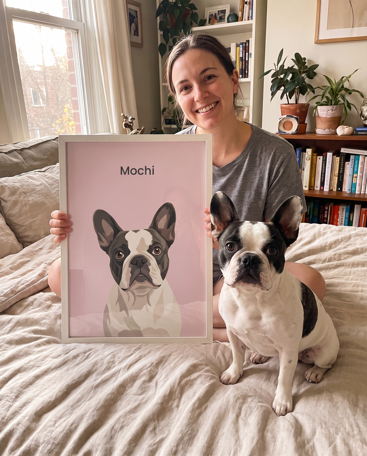 Pied French bulldog as a framed modern pet portrait