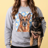 German shepherd puppy on a personalized pet photo crewneck sweatshirt