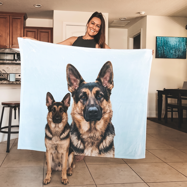 Black-and-tan German shepherd on a personalized photo fleece blanket