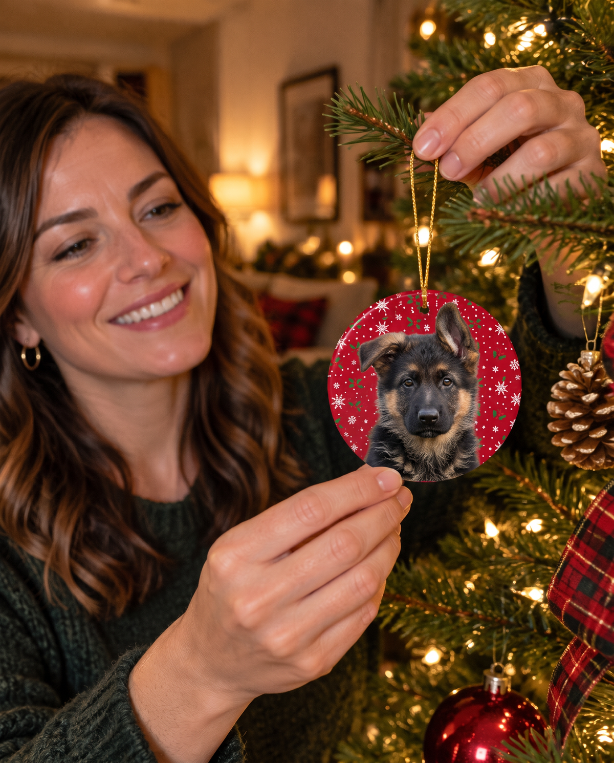 German shepherd puppy on a personalized pet Christmas ornament