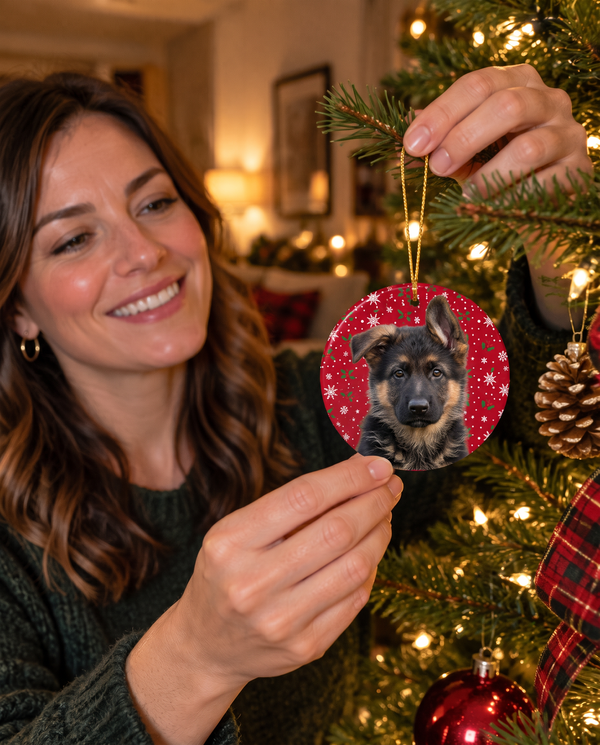 German shepherd puppy on a personalized pet Christmas ornament
