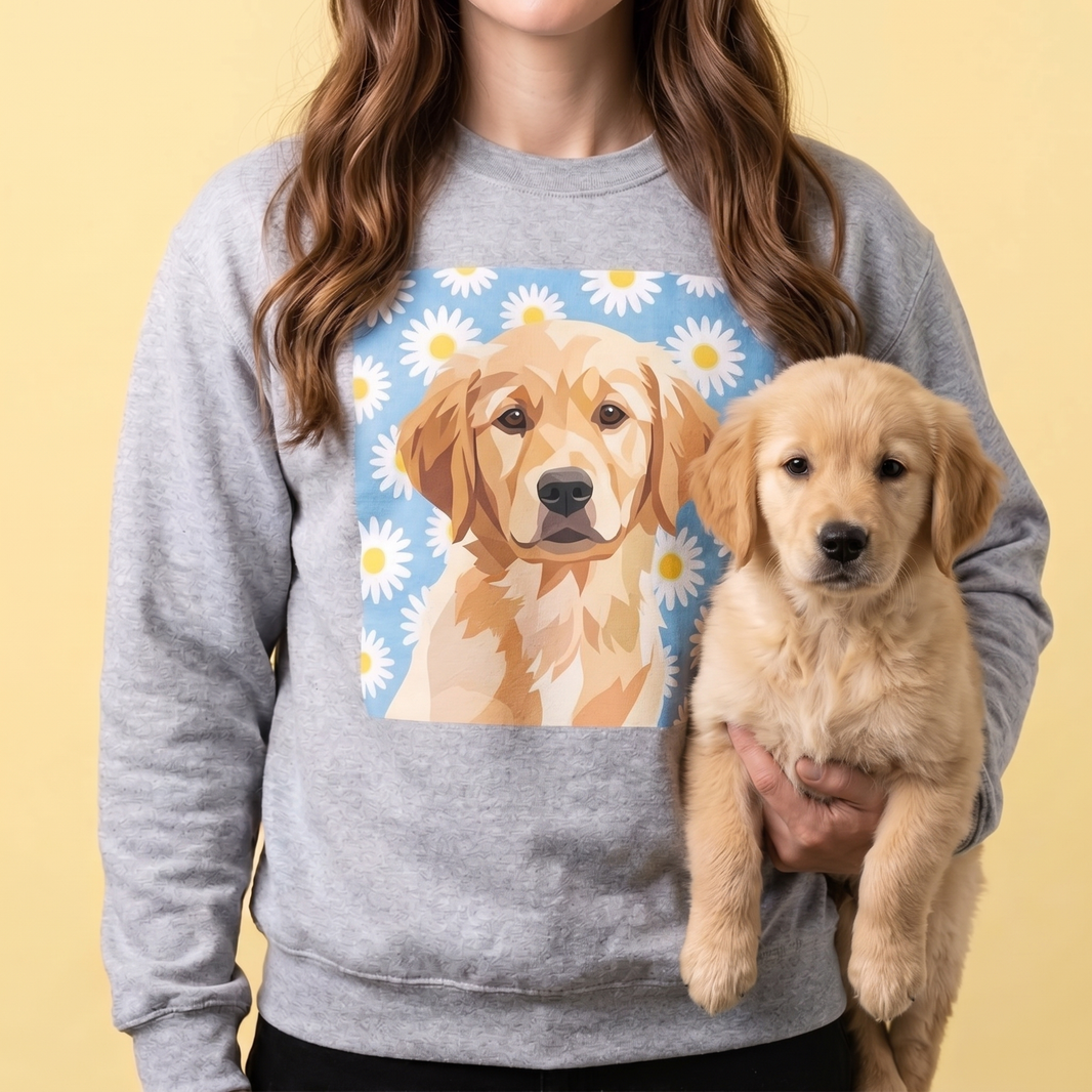 Golden retriever puppy on a personalized pet photo crewneck sweatshirt