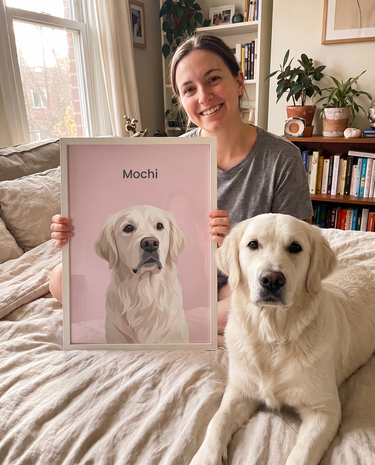 English cream golden retriever as a framed modern pet portrait