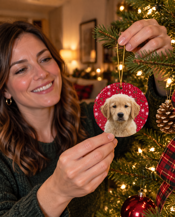 Golden retriever puppy on a personalized pet Christmas ornament