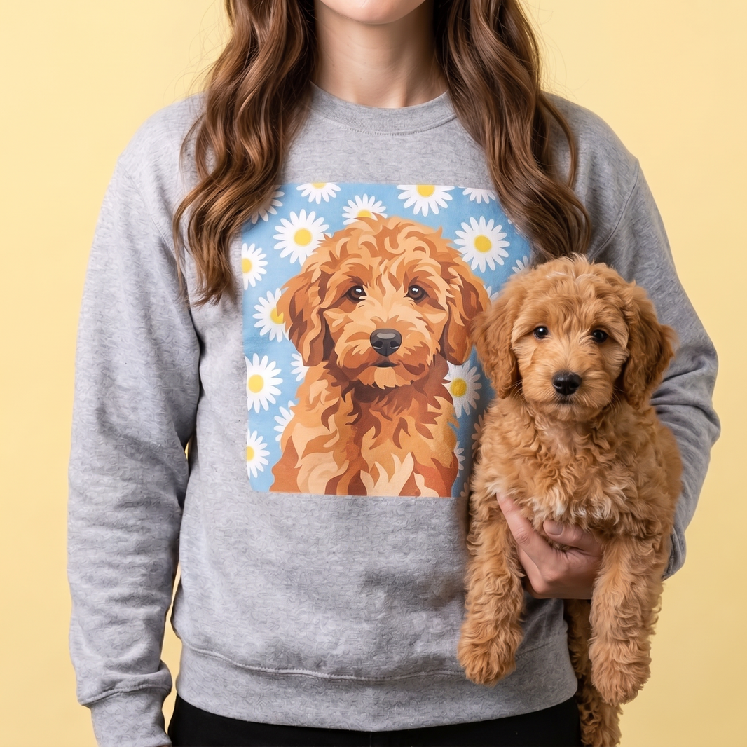 Goldendoodle puppy on a personalized pet photo crewneck sweatshirt