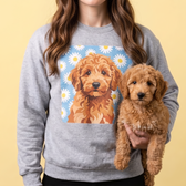 Goldendoodle puppy on a personalized pet photo crewneck sweatshirt