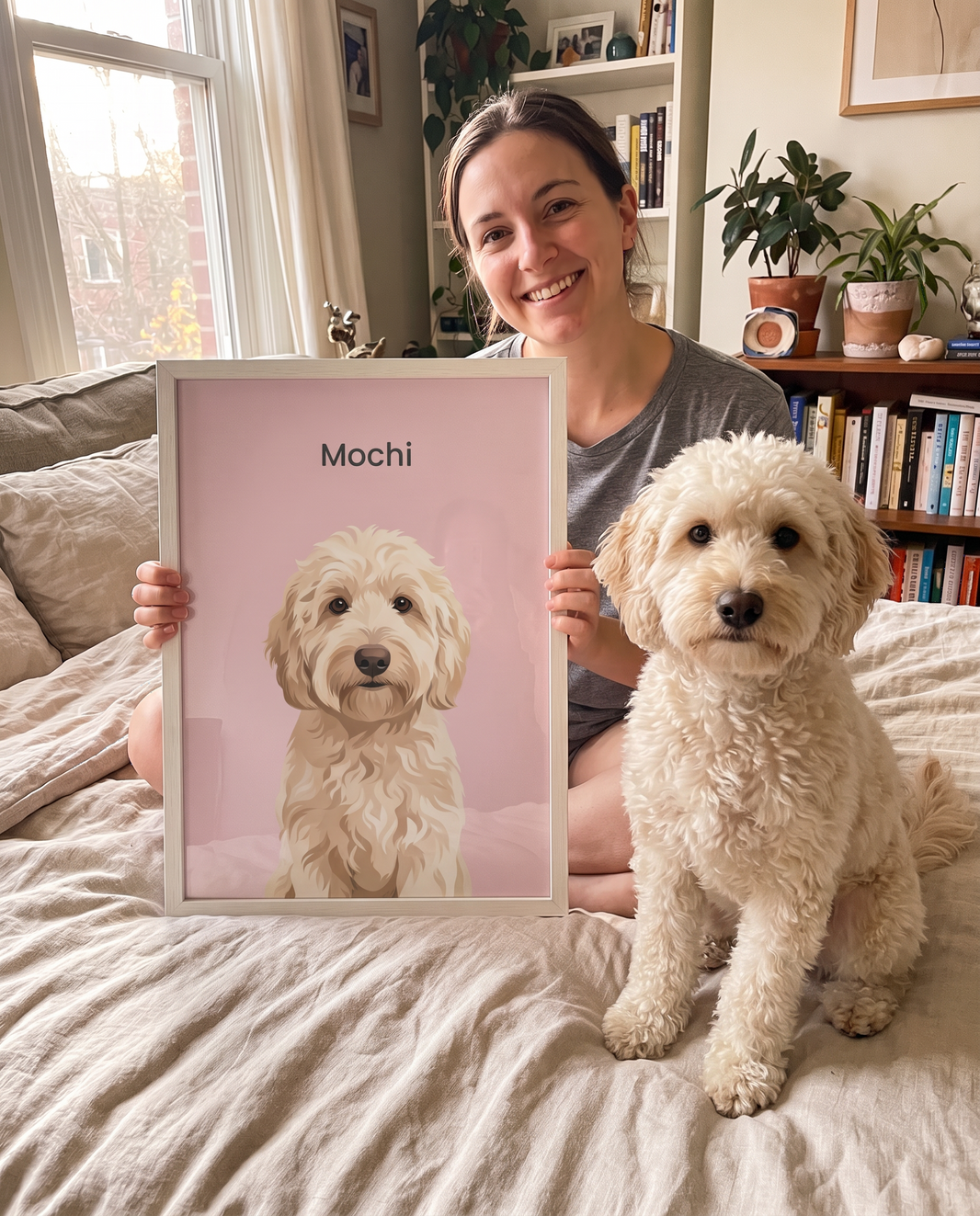 Cream goldendoodle as a framed modern pet portrait