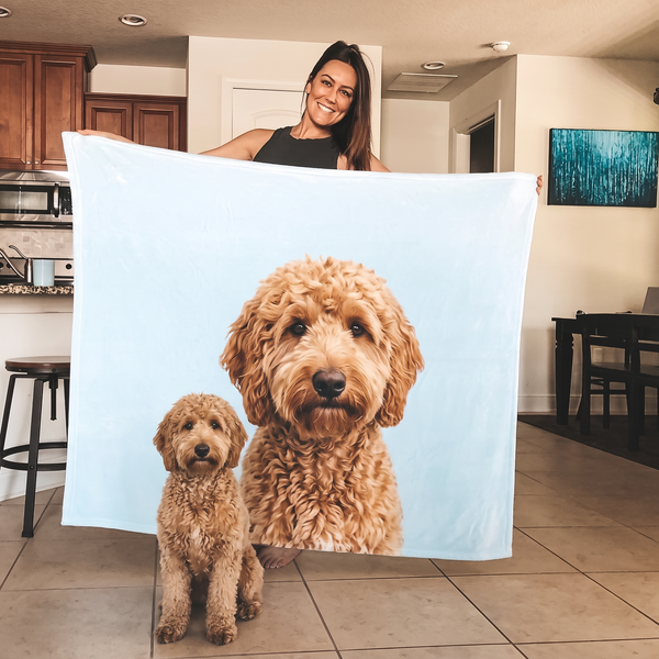 Apricot goldendoodle on a personalized photo fleece blanket