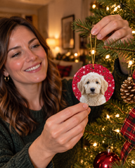 Cream goldendoodle puppy on a personalized pet Christmas ornament