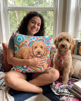 Apricot goldendoodle on a personalized pet couch pillow