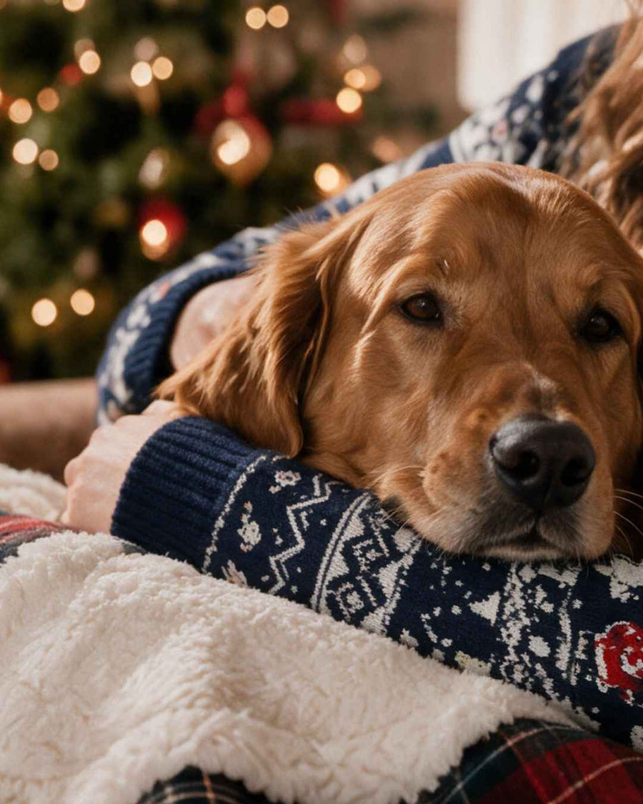 A golden retriever wrapped in a personalized Better Together blanket beside the tree.