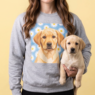 Yellow Labrador puppy on a personalized pet photo crewneck sweatshirt