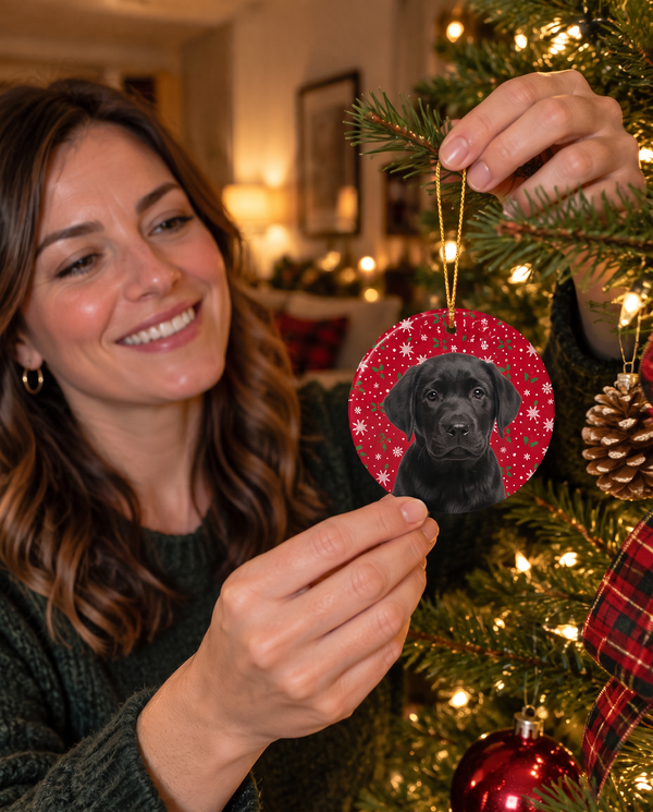 Black Labrador puppy on a personalized pet Christmas ornament