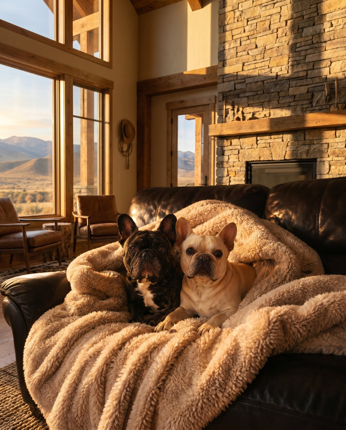 Two French Bulldogs on a couch with a Pawproof blanket