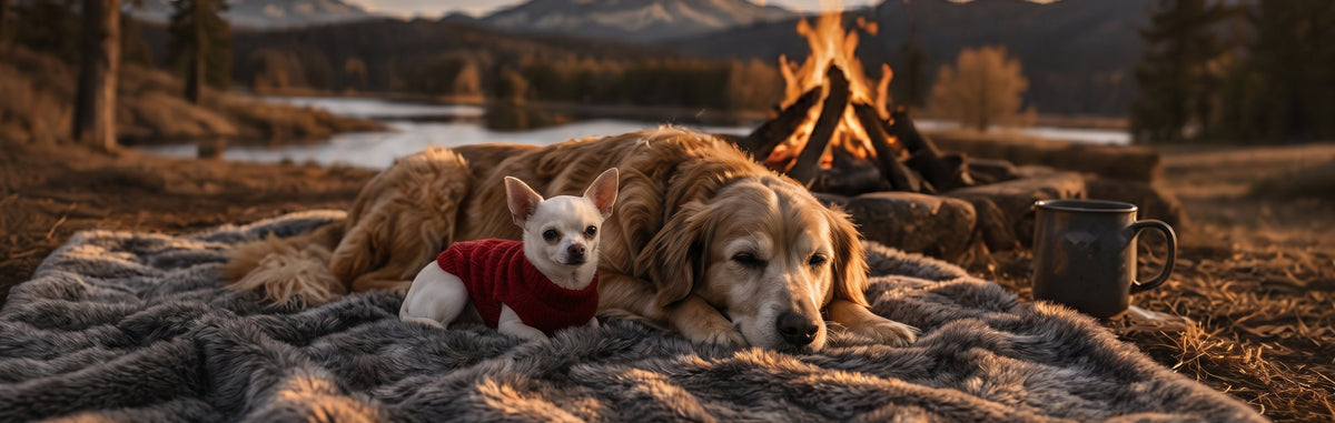 A golden retriever lying beside a campfire at dusk.