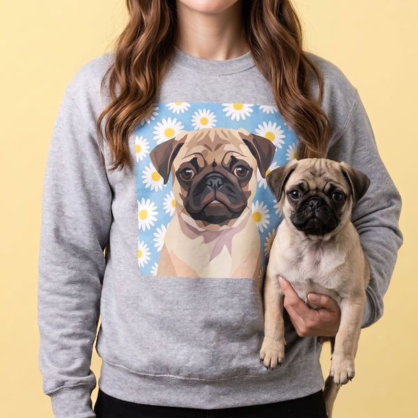 Pug puppy on a personalized pet photo crewneck sweatshirt