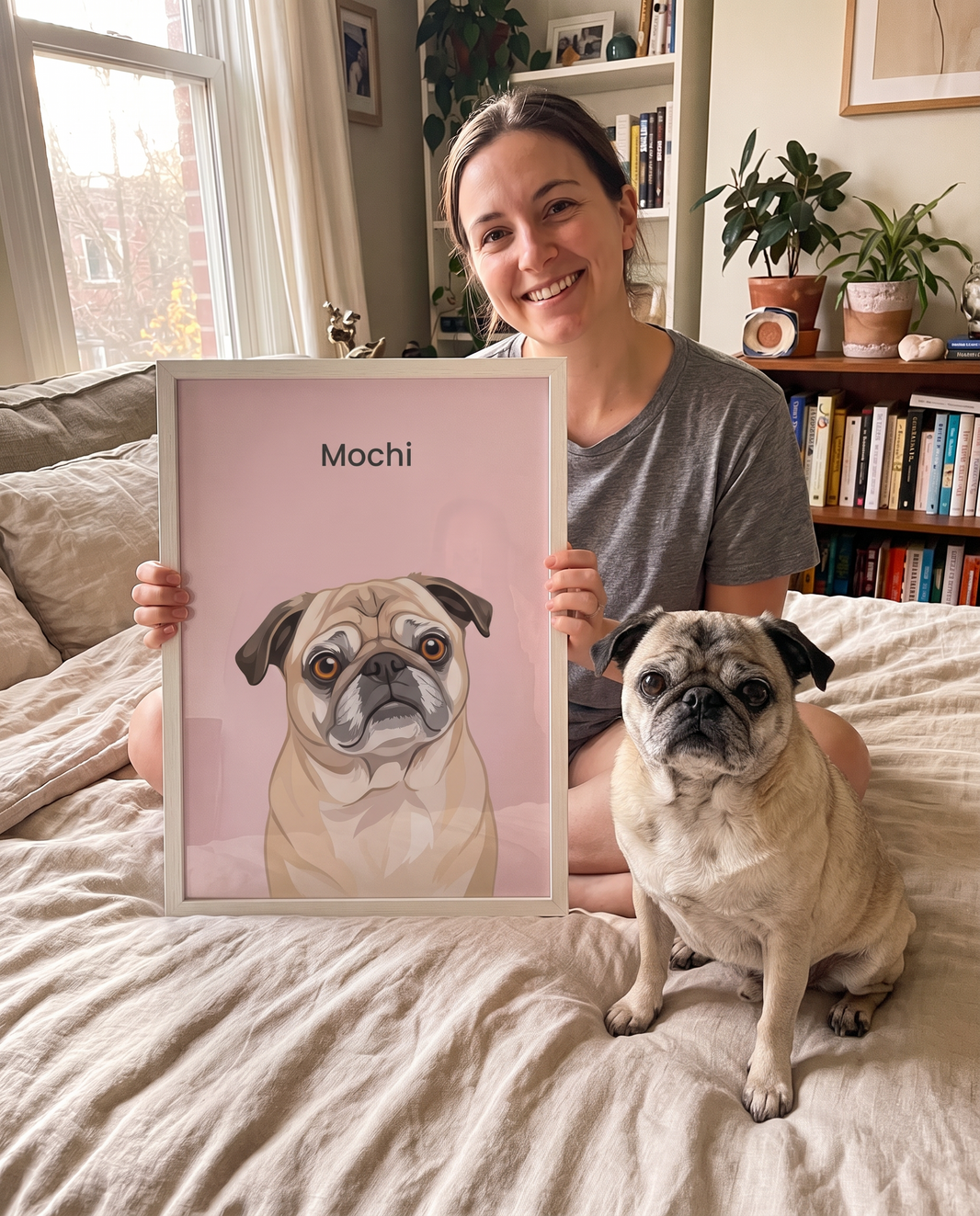 Senior fawn pug as a framed modern pet portrait