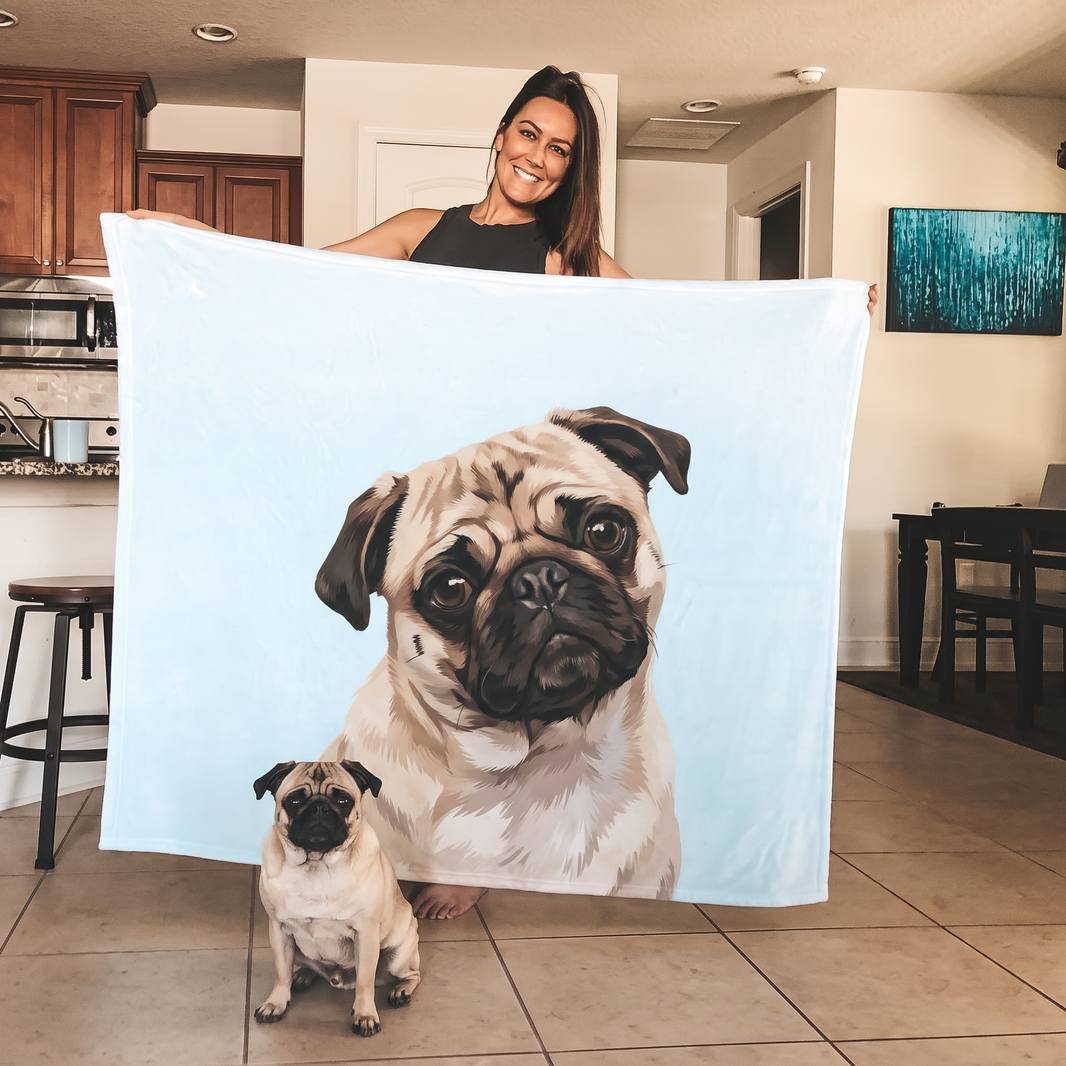Fawn pug on a personalized photo fleece blanket