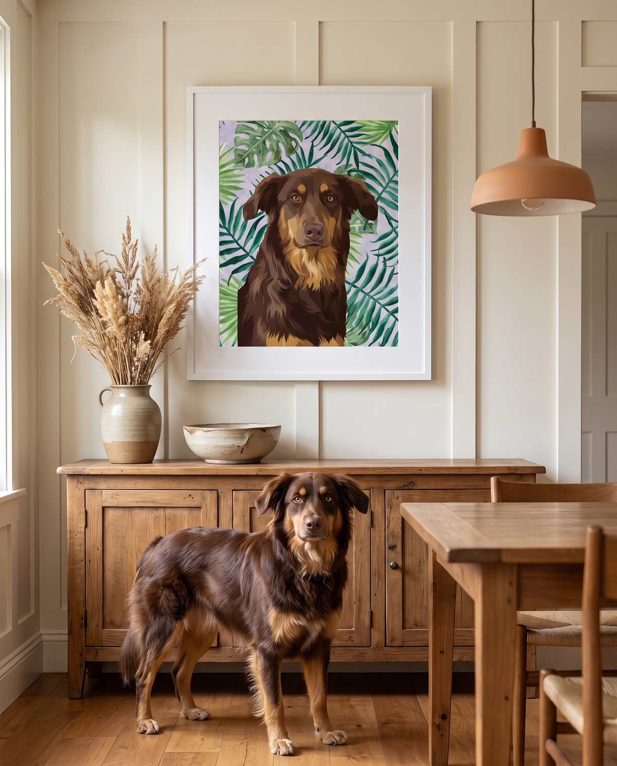 Framed custom pet print in a dining room above a sideboard with a dog