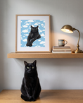 Load image into Gallery viewer, Framed custom pet print on a home office shelf above a black cat
