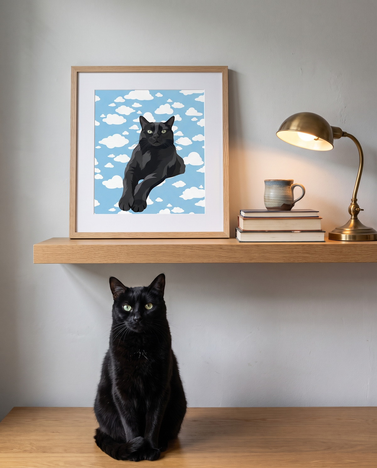 Framed custom pet print on a home office shelf above a black cat