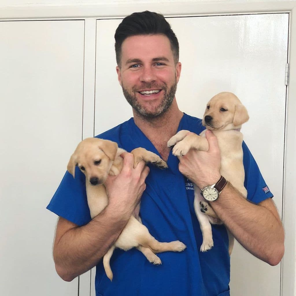 Dr. James greenwood holds puppies