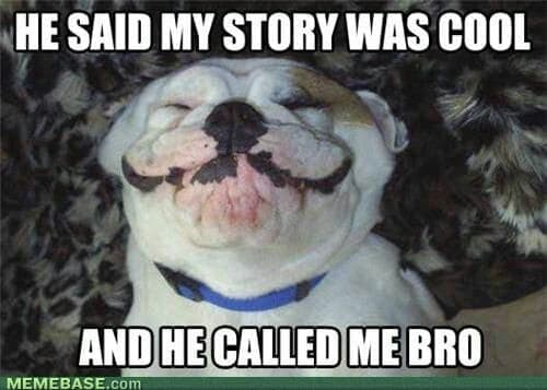 Smiling dog meme - he said my story was cool and he called me bro