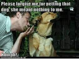Petting dog meme - please forgive me for petting that dog she meant nothing to me. Hmmph!