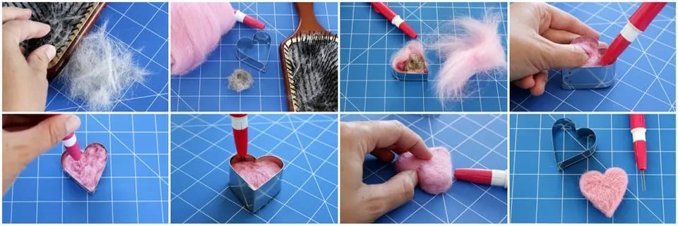 Diy needle felted heart craft with pet dog cat fur